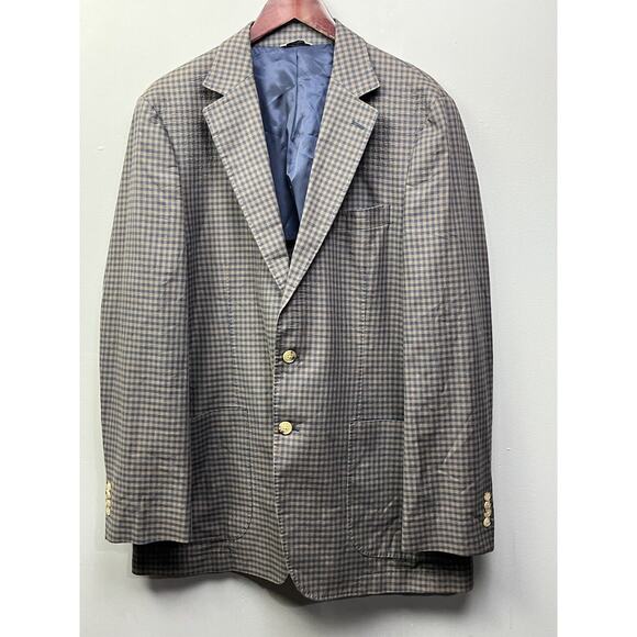 Thomas Dean Blazer Sport Coat Mens Large Plaid two button‎ blue tan 44R Casual - Picture 1 of 9
